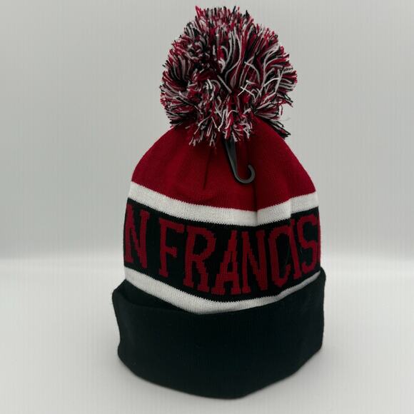 San Francisco 49ers 49 NFL Pom Beanie Hat Knit Winter Cap Cuffed Red Black - Picture 1 of 3